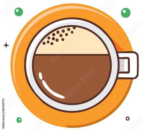 Overhead view of coffee cup on saucer with floating shapes design
