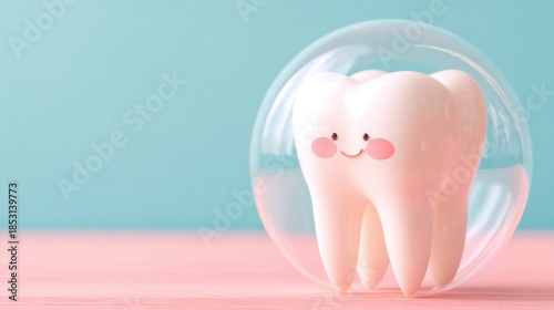 Cute tooth character inside a bubble on a colorful background during daytime