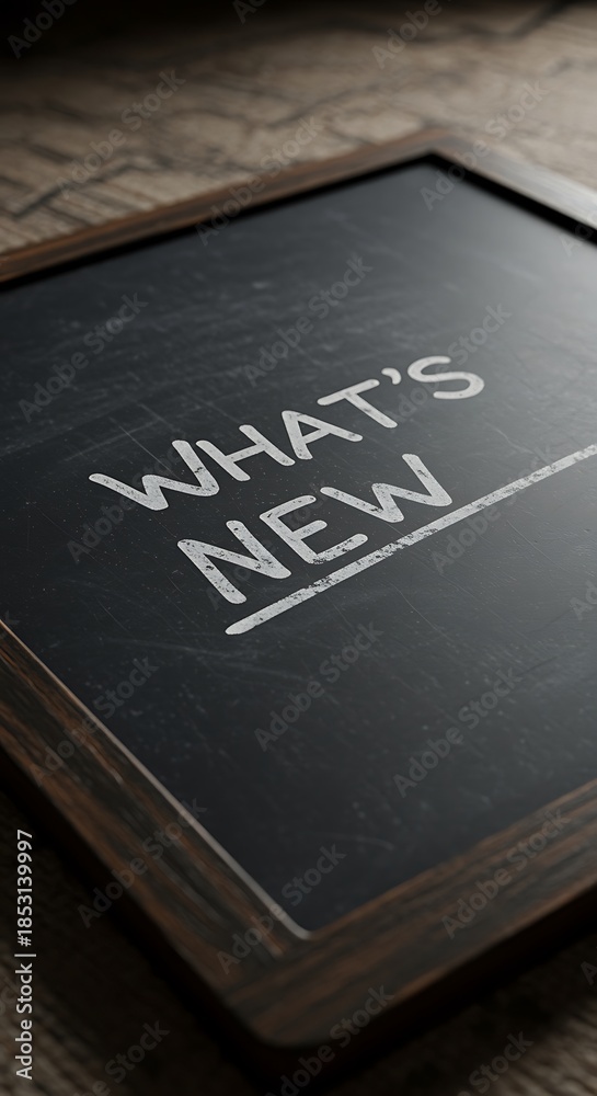 Fototapeta premium Chalkboard with Whats New Text on Wooden Surface