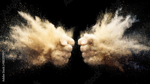 Hands creating dust clouds in a dark space during a dynamic movement