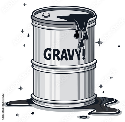 Cartoon gravy barrel, spilled liquid, illustration