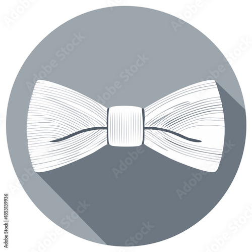 Illustrated white bow tie icon on a gray circle with shadow, representing formal wear, weddings, or celebrations