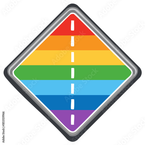 Rainbow road sign with a dashed line, a symbol of inclusivity and equality.