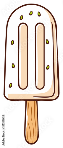 Creamy white ice cream bar with green seeds on a wooden stick cartoon illustration