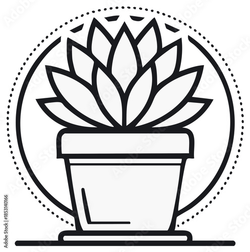 Minimalist line art icon of a potted succulent plant in a decorative circle