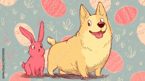 Corgi and rabbit explore colorful eggs during spring celebration