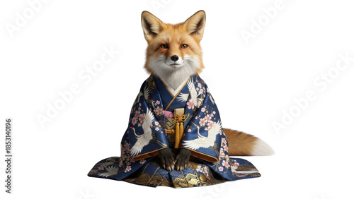 Realistic Fox Sitting in Traditional Japanese Blue and White Floral Kimono Portrait, isolated PNG with Transparent Background
