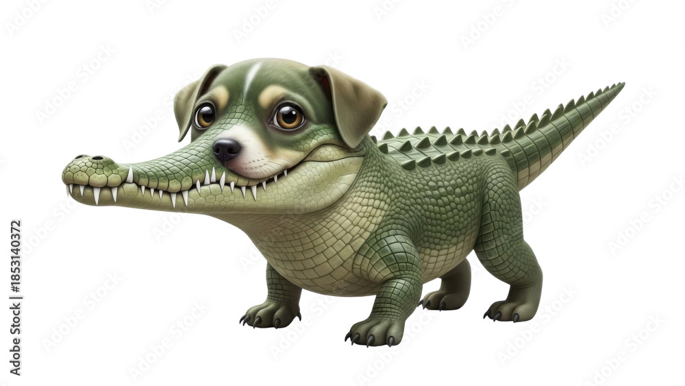 Naklejka premium Cute Dog and Green Crocodile Hybrid Fantasy Animal Isolated Illustration isolated PNG with Transparent Background
