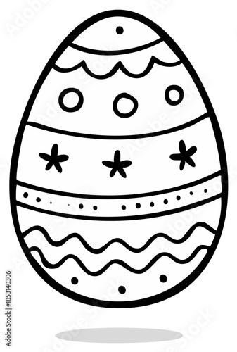 Black and white outline doodle of a decorated Easter egg with wavy lines and stars