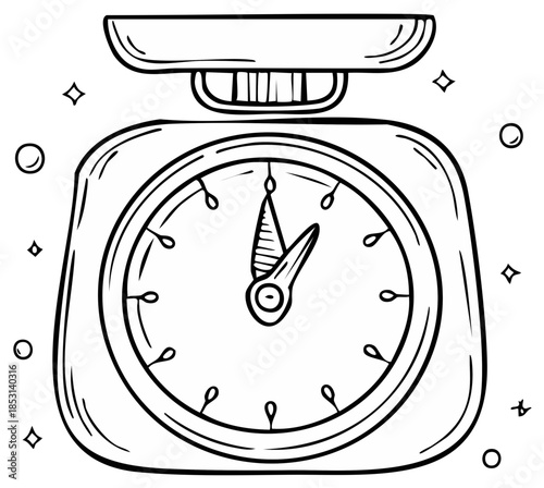 A charming hand drawn doodle of a vintage kitchen scale for measuring food ingredients line art illustration