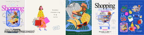 Shopping and sale. Vector illustrations of woman carrying bags, cart full of products, fruits and fashion items, modern hand drawn style for big sale poster, discounts, retail ads, leaflet, flyer and 