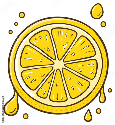 Bright Yellow Lemon Slice with Dripping Juice and Bubbles