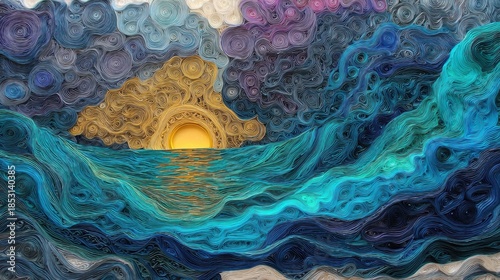 Sunset over waves with swirling clouds and ocean colors