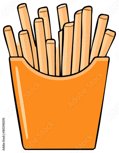 Crispy golden french fries in a bright orange paper carton for fast food indulgence cartoon style graphic