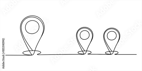 A minimalist continuous line drawing of three location pins on a white background Vector, illustration