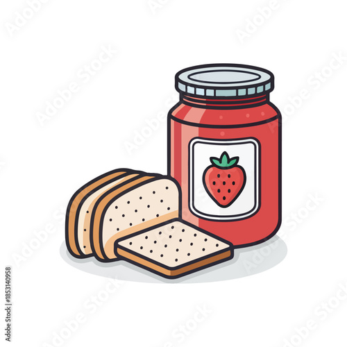 Jar of strawberry jam and slice of toast with jam and knife