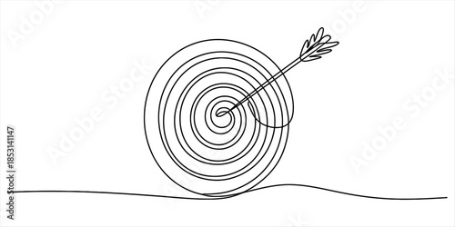 Single continuous line drawing of an arrow hitting the bullseye target Vector, illustration