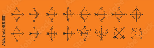 Cupid bow and arrow icon, simplified shape, monoline style