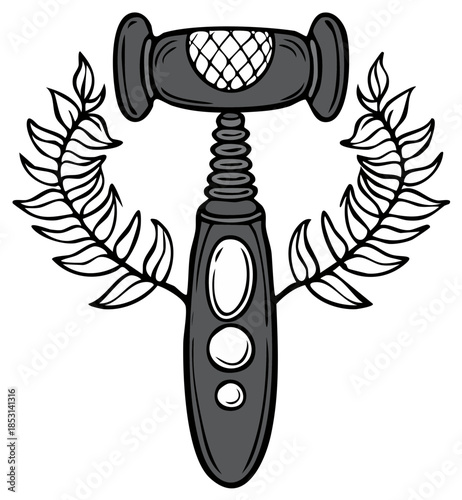 Elegant corkscrew illustration surrounded by a laurel wreath symbolizing wine celebration and success