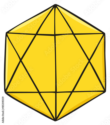 A simple hand drawn illustration of a yellow icosahedron platonic solid