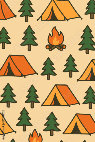 Camping Seamless Pattern Illustration with Tents and Trees