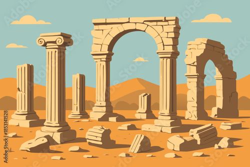 Ancient Roman Ruins Illustration with Columns and Arch