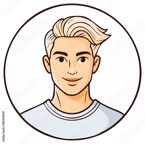 Cartoon portrait of a smiling young man with styled blonde hair in a circular frame.