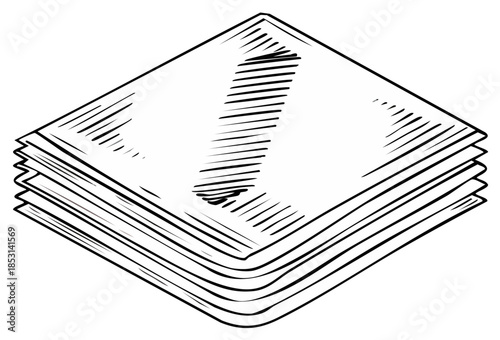 Isometric stack of paper napkins, line art sketch, black and white drawing