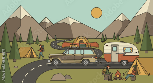 Mountain Road Camping Illustration with Caravan and Tents