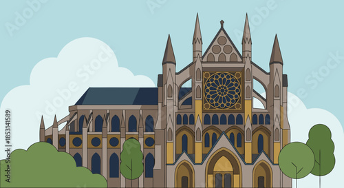 Gothic Cathedral Illustration with Detailed Facade and Towers