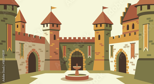 Medieval Castle Courtyard Illustration with Towers and Fountain