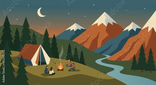 Mountain Camping Night Illustration with River and Campfire