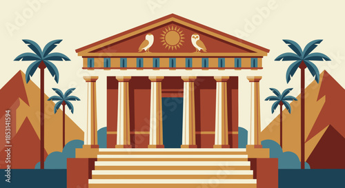Classical Temple Illustration with Palm Trees in Ancient Style