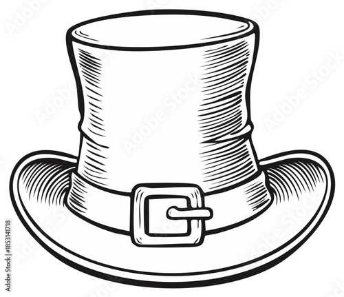 Vintage style leprechaun top hat with buckle in a hand drawn etched illustration style