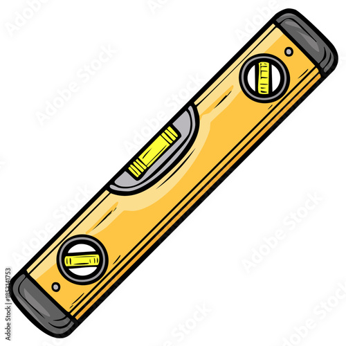 Cartoon spirit level illustration, yellow construction tool with black outline