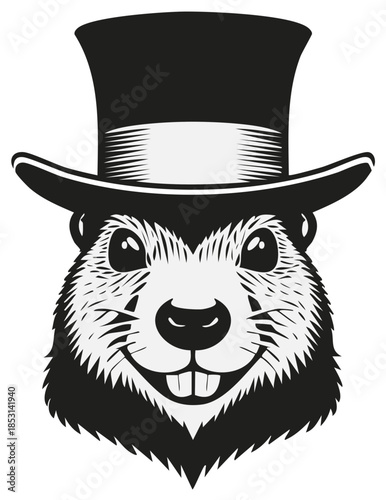 Groundhog wearing a top hat, smiling. Monochrome illustration.