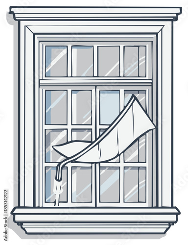 Cartoon drawing of an open window with curtain blowing in the wind