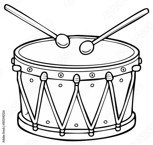 Classic marching drum with crossed drumsticks. Monochrome outline art for music, rhythm, and celebration concepts.