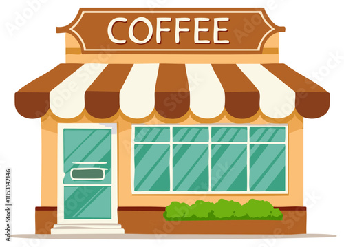 Charming Cartoon Coffee Shop Facade with Awning and Greenery