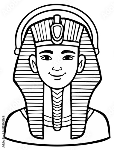 Line Art Illustration of Smiling Egyptian Pharaoh Wearing Traditional Nemes Headdress and Collar