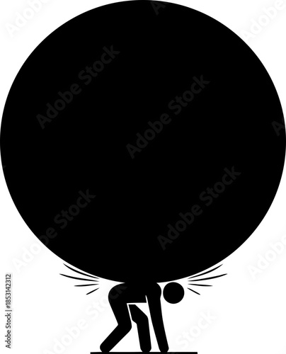 Man carrying huge heavy black sphere or ball on back, burden concept. Vector illustration or icon in stick figure style
