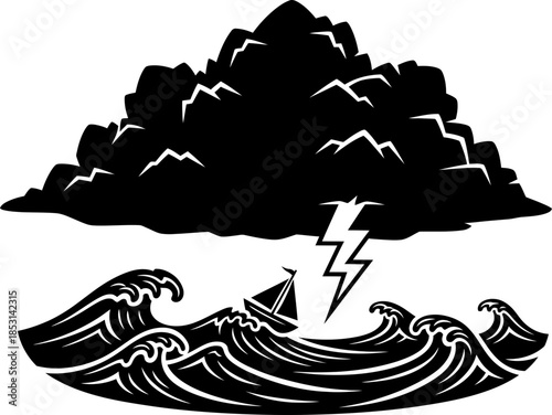 Rough sea with big wave, sailboat, lightning bolt and dark storm cloud. Concept of danger, weather, challenge. Silhouette vector illustration for print, banner, poster