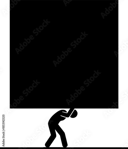 Man attempting to lift a large heavy box, representing burden and struggle. Simple stick figure vector illustration