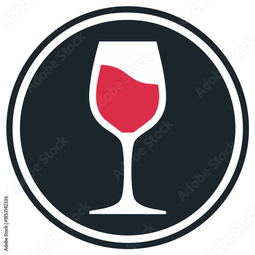 Simple flat icon of a red wine glass in a dark circle for a bar or winery logo