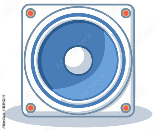 A modern cartoon illustration of a blue audio speaker. Vector icon of music sound system equipment.