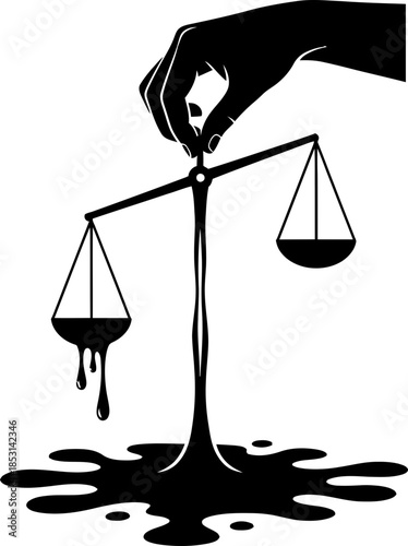Corrupt justice concept with a hand holding a scale dripping black oil. Vector illustration
