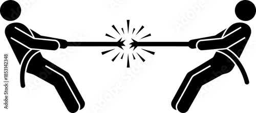 Men in stick figure style playing tug of war game, pulling rope. Business conflict, competition concept. Minimalist vector icon
