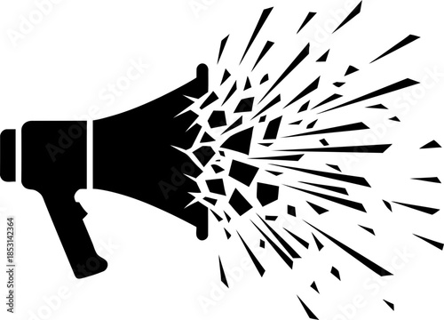 Black megaphone with shattering effect. Loudspeaker as a symbol of announcement, news, and discount. Creative vector illustration