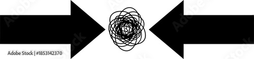 Two black arrows pointing to a central tangled chaotic mess. Conflict, stress, struggle, and problem concept. Vector illustration, icon