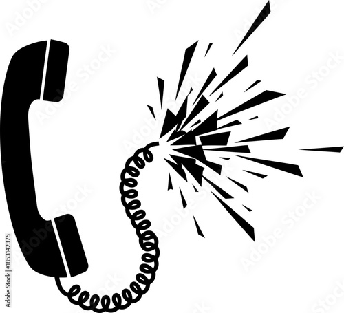 Black silhouette of a vintage telephone handset with a breaking cord for communication, call center, customer service concept. Vector illustration